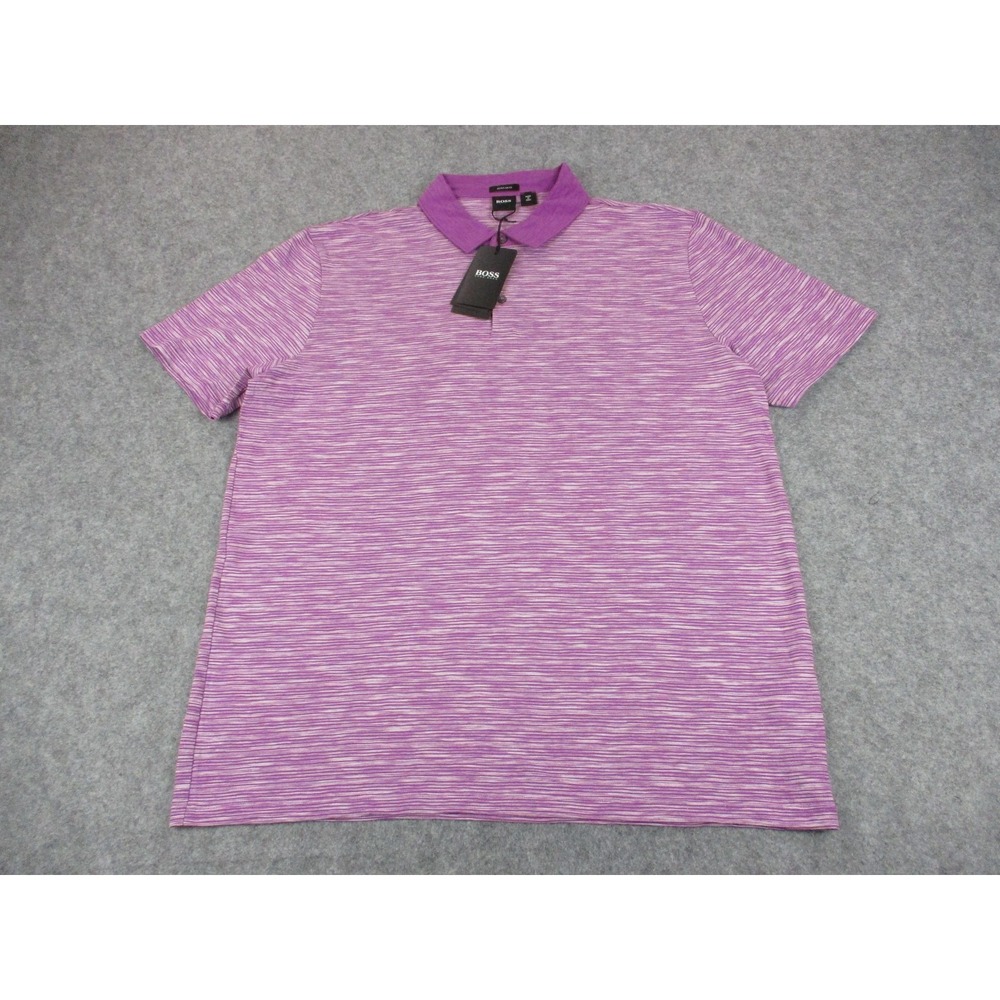 Hugo Boss Polo Shirt Mens 2XL XXL Purple‎ White Striped Heather Pima Cotton Golf